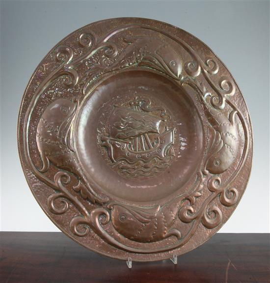 John Pearson. A Newlyn Arts & Crafts copper charger, 20.25in.